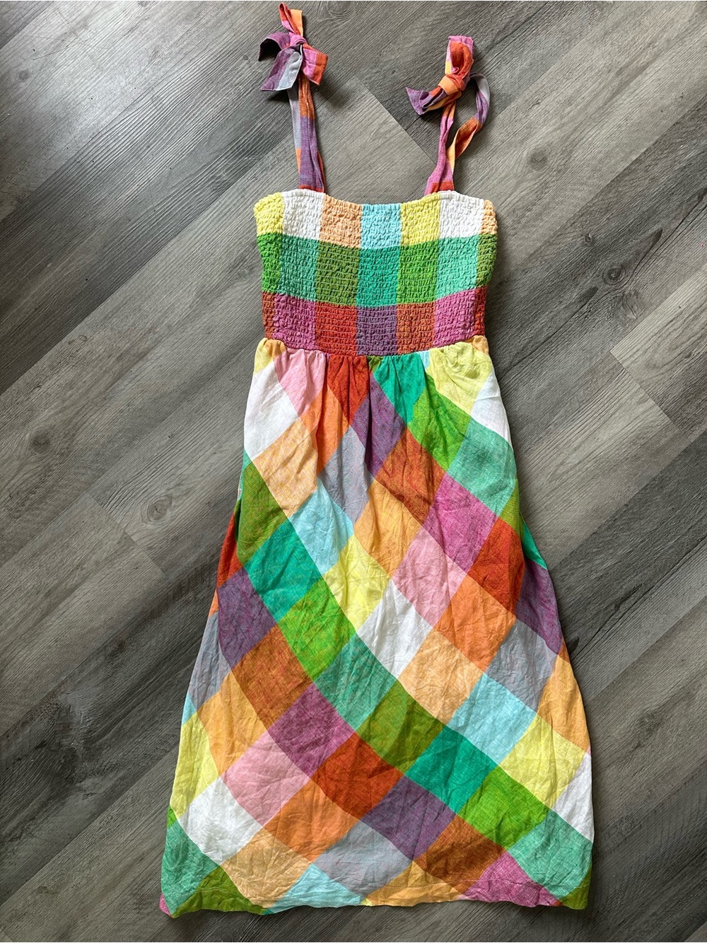 Crown & Ivy 100% Linen Rainbow Plaid Tie-Strap Smocked Sundress